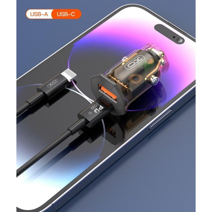 1029044 CL autonabijecka XO CC50 PD3.0 QC3.0 1xUSB 24W 1xUSB C 30W kabel USB C to USB C Clear design شارژر فندکی فست شارژ ایکس او XO CC50 توان 30 وات+گارانتی 6 ماهه رابین ویرا