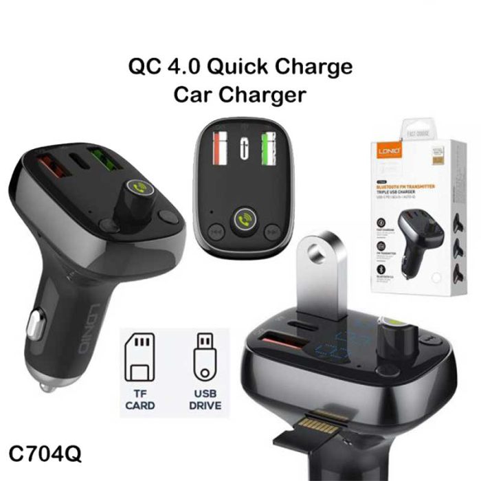 charger and distributor of ldnio lighter model c704q www.seprah.ir شارژر فندکی و پخش کننده بلوتوث الدینیو LDNIO C704Q Bluetooth Car Charger QC4 توان 36 وات همراه کابل+گارانتی 6 ماهه رابین ویرا