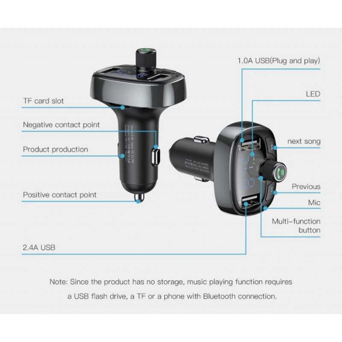 image شارژر فندکی و پخش کننده بلوتوث Baseus T-Typed Bluetooth CCALL-TM01 فلش و رم خور+گارانتی 6 ماهه رابین ویرا